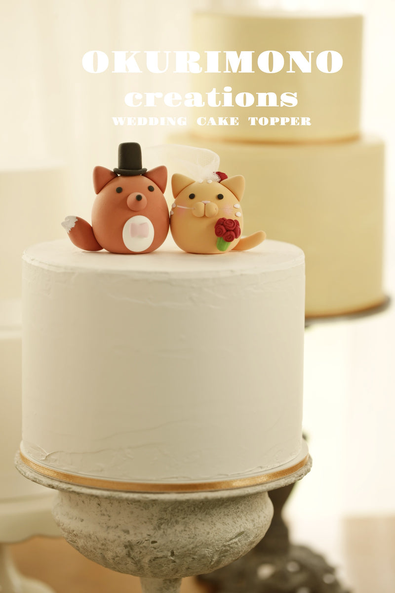 kitty and fox wedding cake topper,fox and cat cake topper