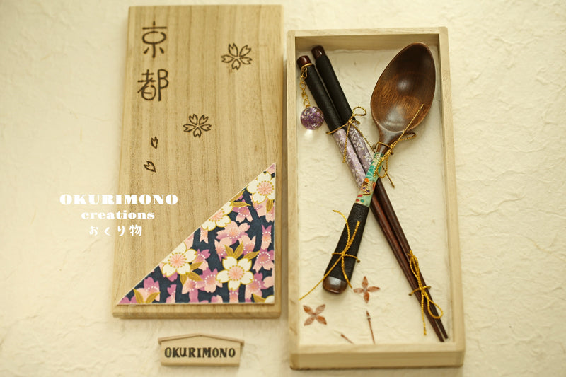 Handmade Japanese Chopsticks and spoon set with wooden box