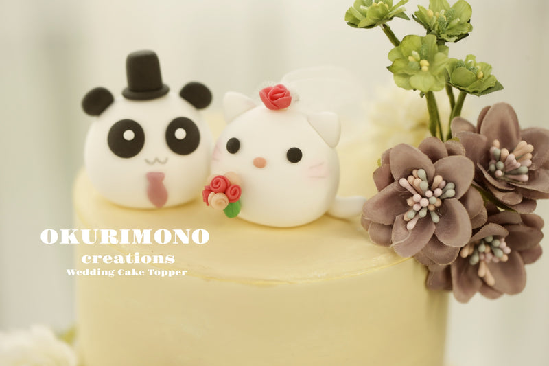 kitty and panda wedding cake topper,cat and panda cake topper
