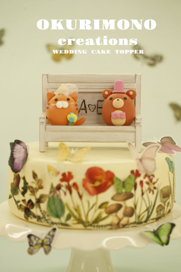 tabby cat and bear wedding cake topper