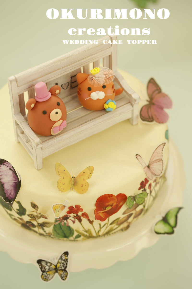tabby cat and bear wedding cake topper