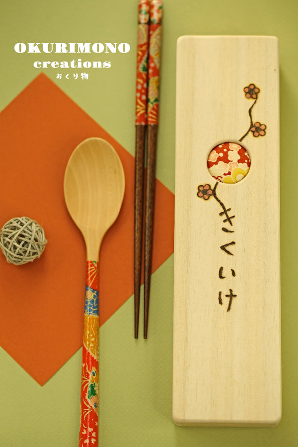 Handmade Japanese Chopsticks and spoon set with wooden box