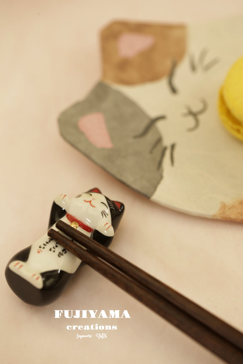 Handmade Japanese lucky cat Chopsticks set with wooden box C233