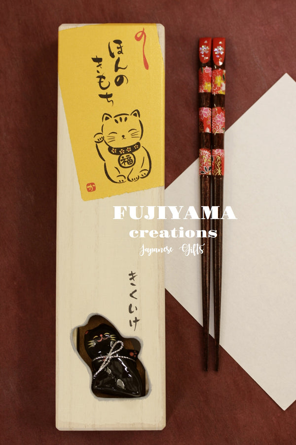Handmade Japanese lucky cat Chopsticks set with wooden box C208