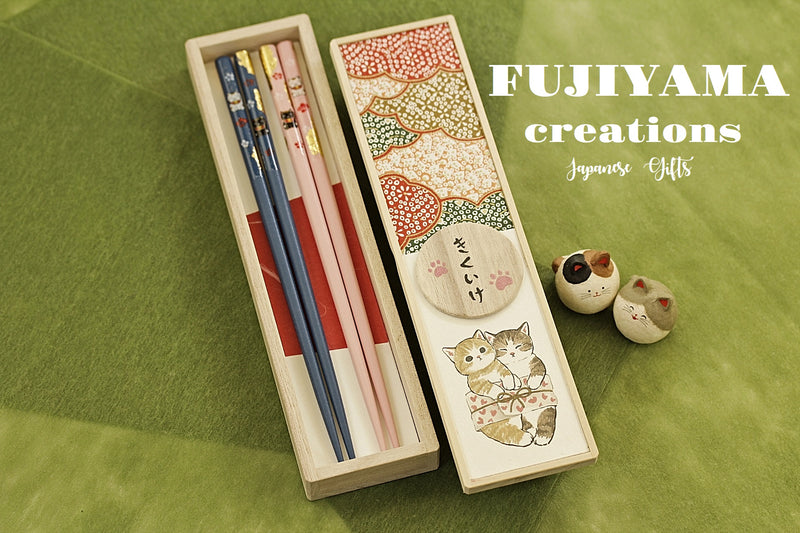 Handmade Japanese Lucky Cat Chopsticks set with wooden box
