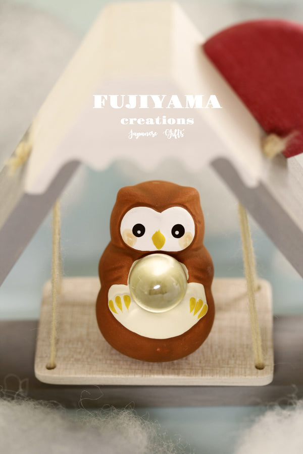 Handmade Japanese lucky owl doll, with handmade Fuji Mount swing