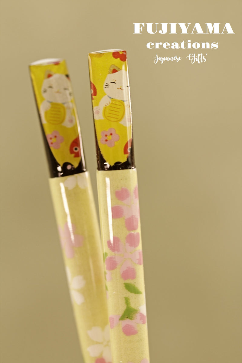 Handmade Japanese lucky cat Chopsticks set with wooden box C213