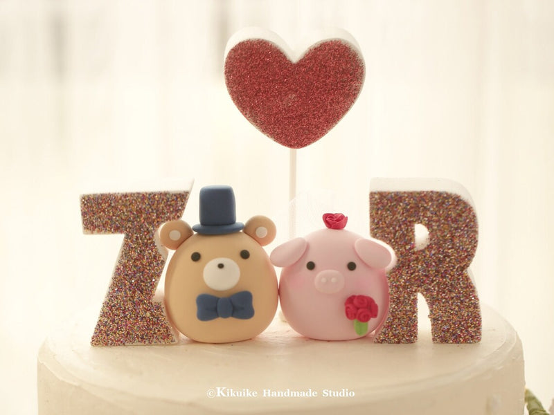 pig and bear wedding cake topper