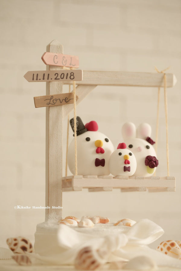 bunny and  rooster wedding cake topper, rabbit and chicken cake topper