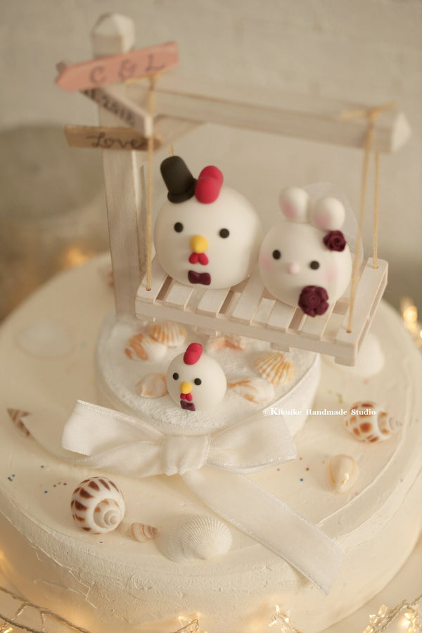 bunny and  rooster wedding cake topper, rabbit and chicken cake topper
