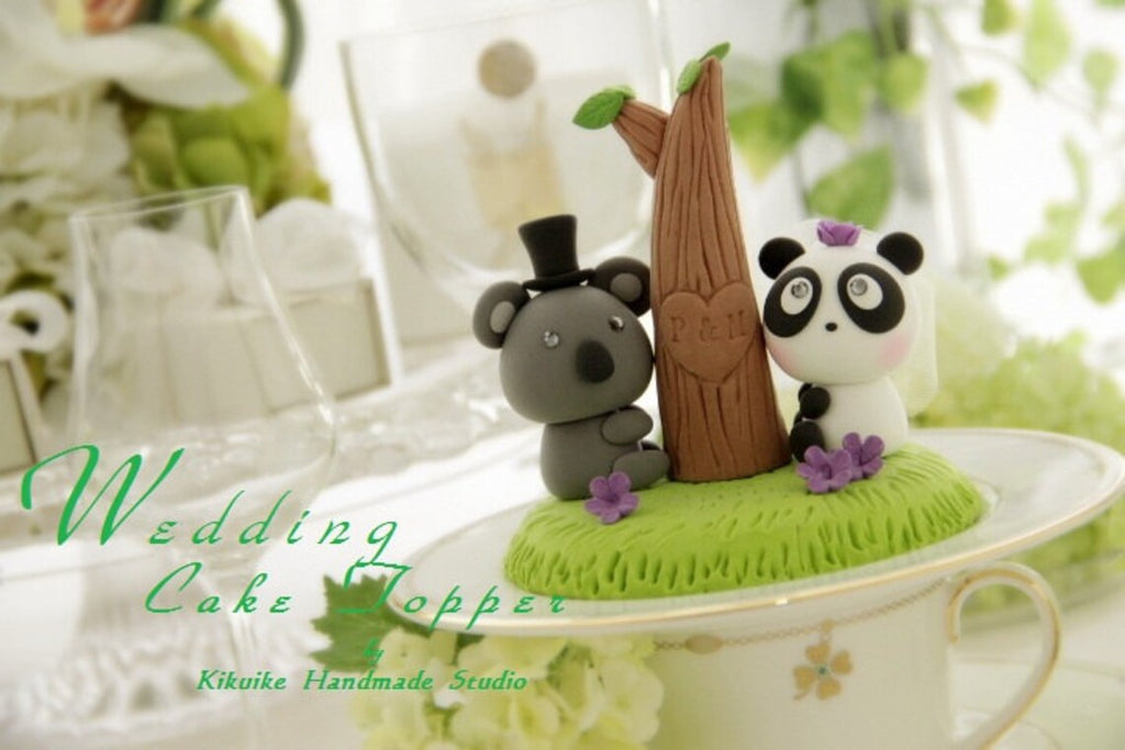 Koala & Panda Wedding Cake Topper, Bride Groom Topper, Handmade