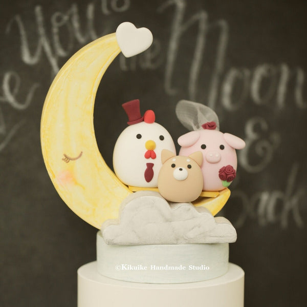 pig and rooster, piggy and chicken wedding cake topper