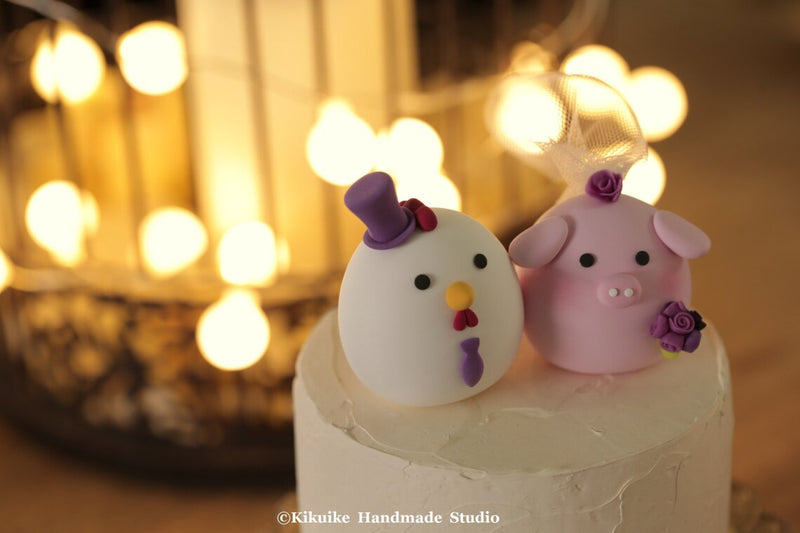 pig and rooster, piggy and chicken wedding cake topper