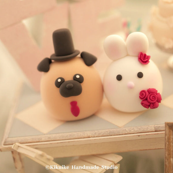 bunny and pug, rabbit and dog wedding cake topper
